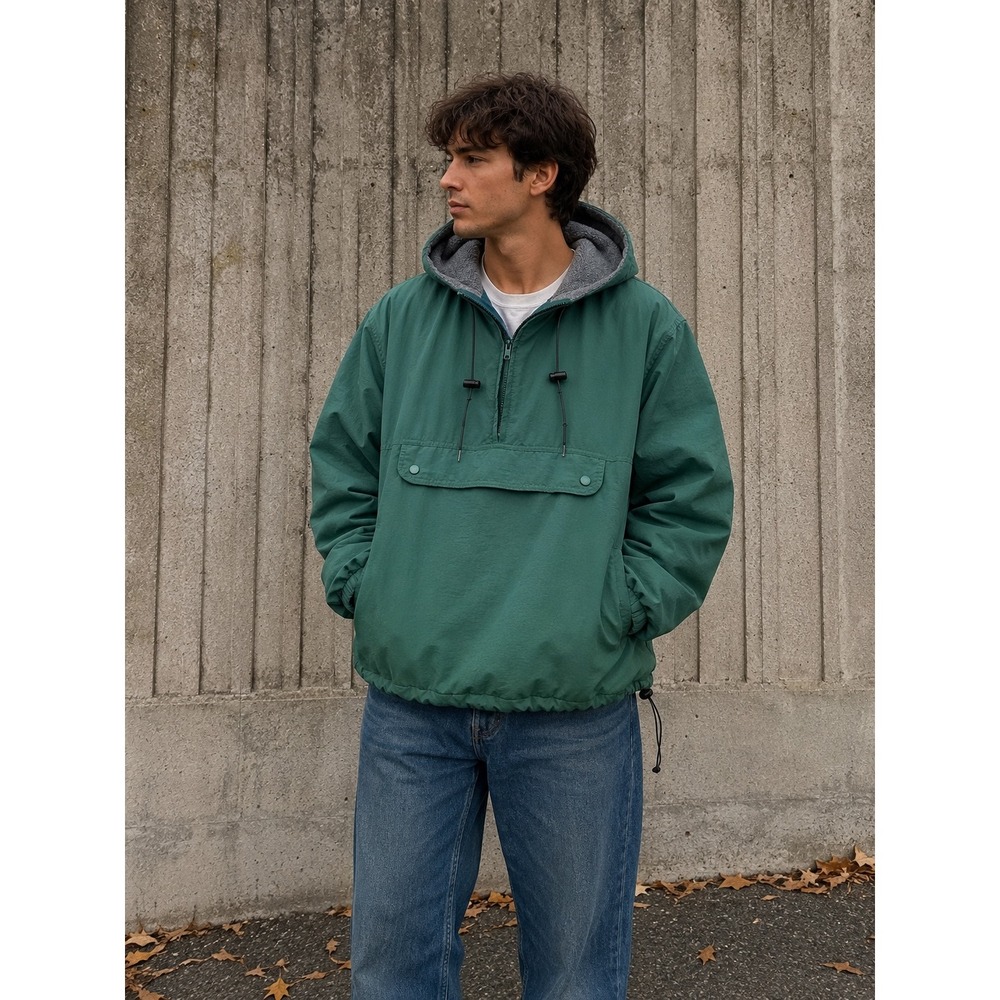 J.Crew Jacket Anorak Pullover Fleece Lined Oarsman Green XL USA Heritage Vintage